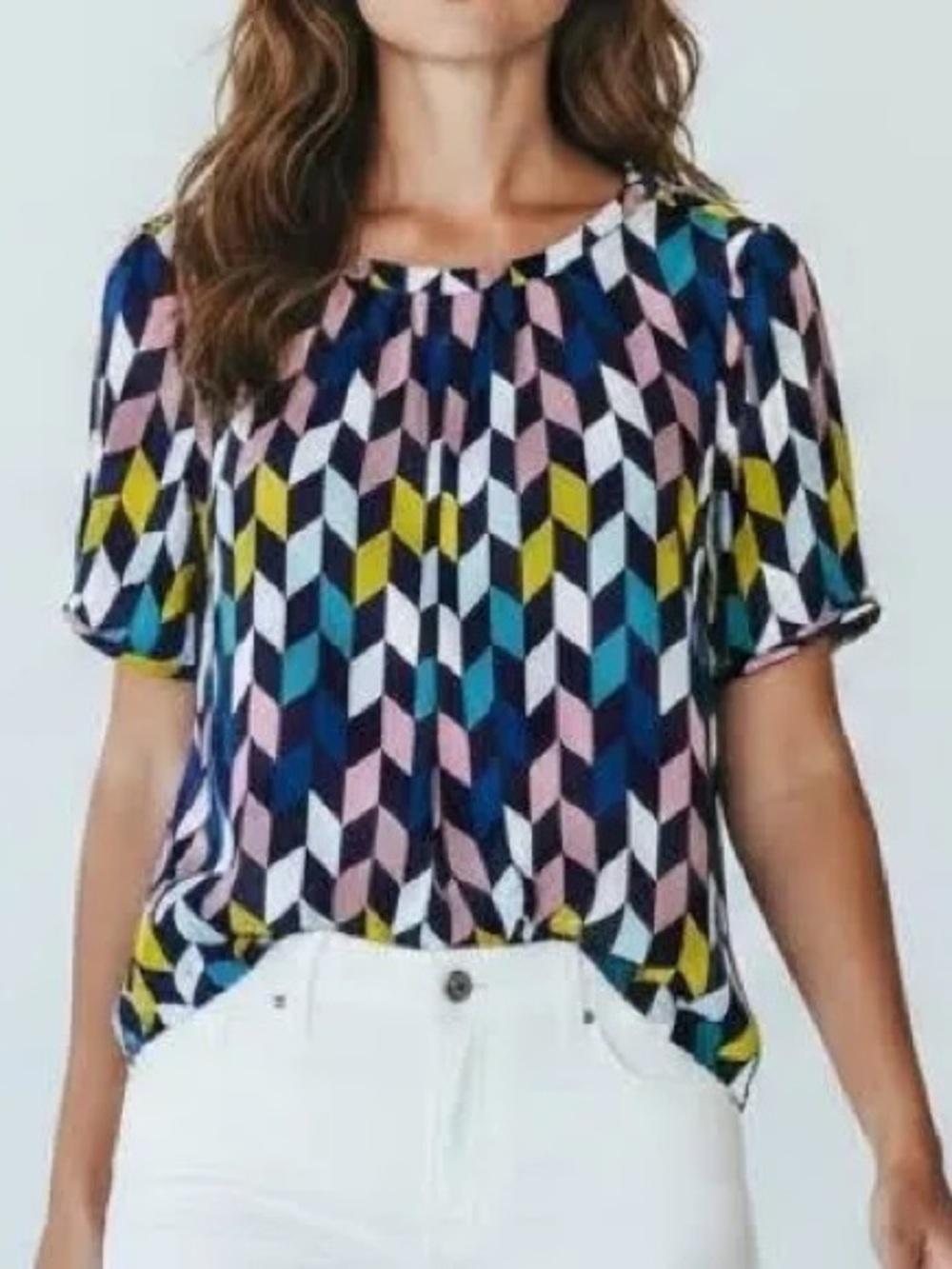 Biden Geometric Print Short Sleeved Blouse Pink White Navy Multi Size 14